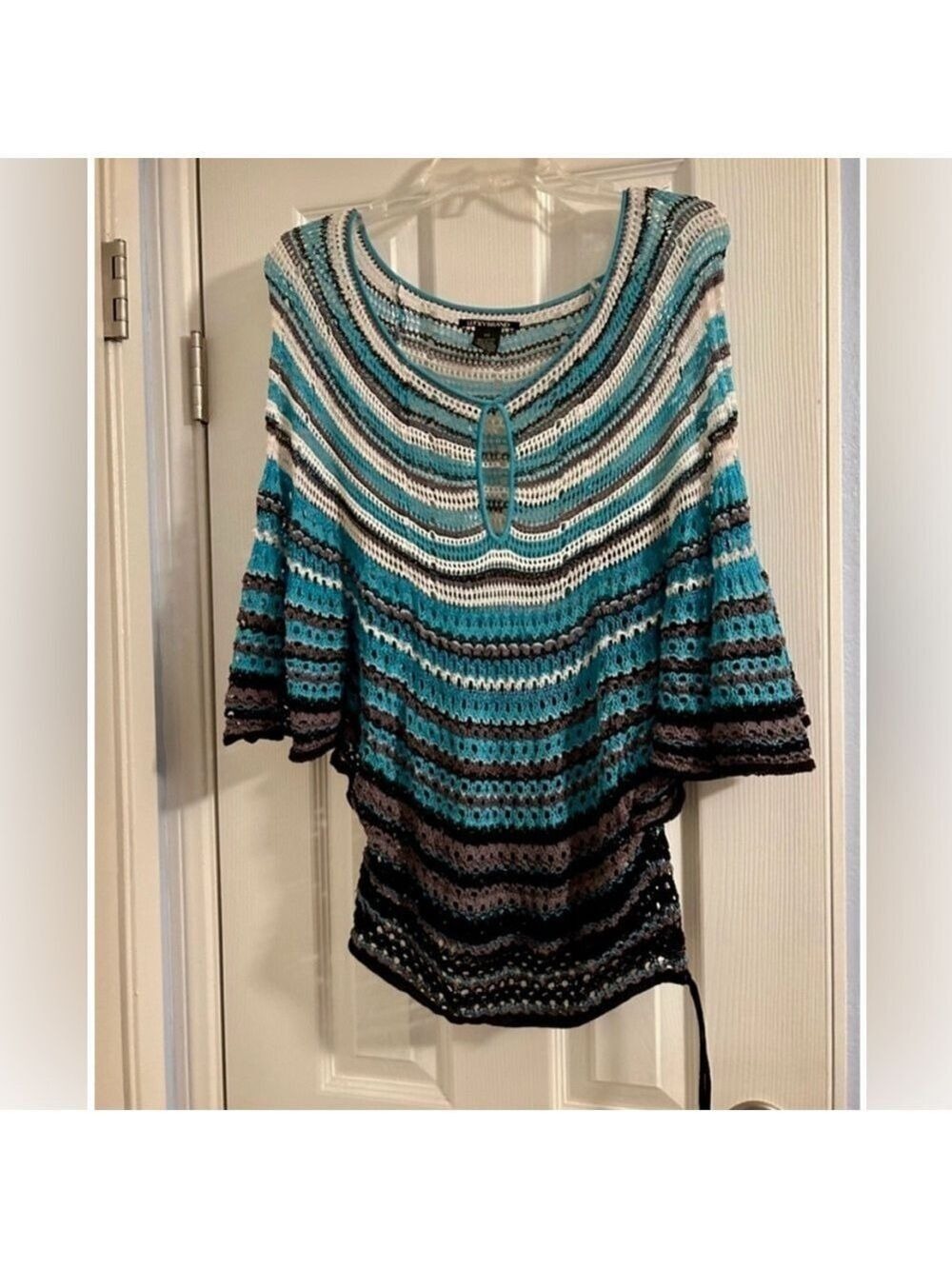 Lucky Brand Blue White Striped Crochet Knit Top XS Bell Sleeve Keyhole